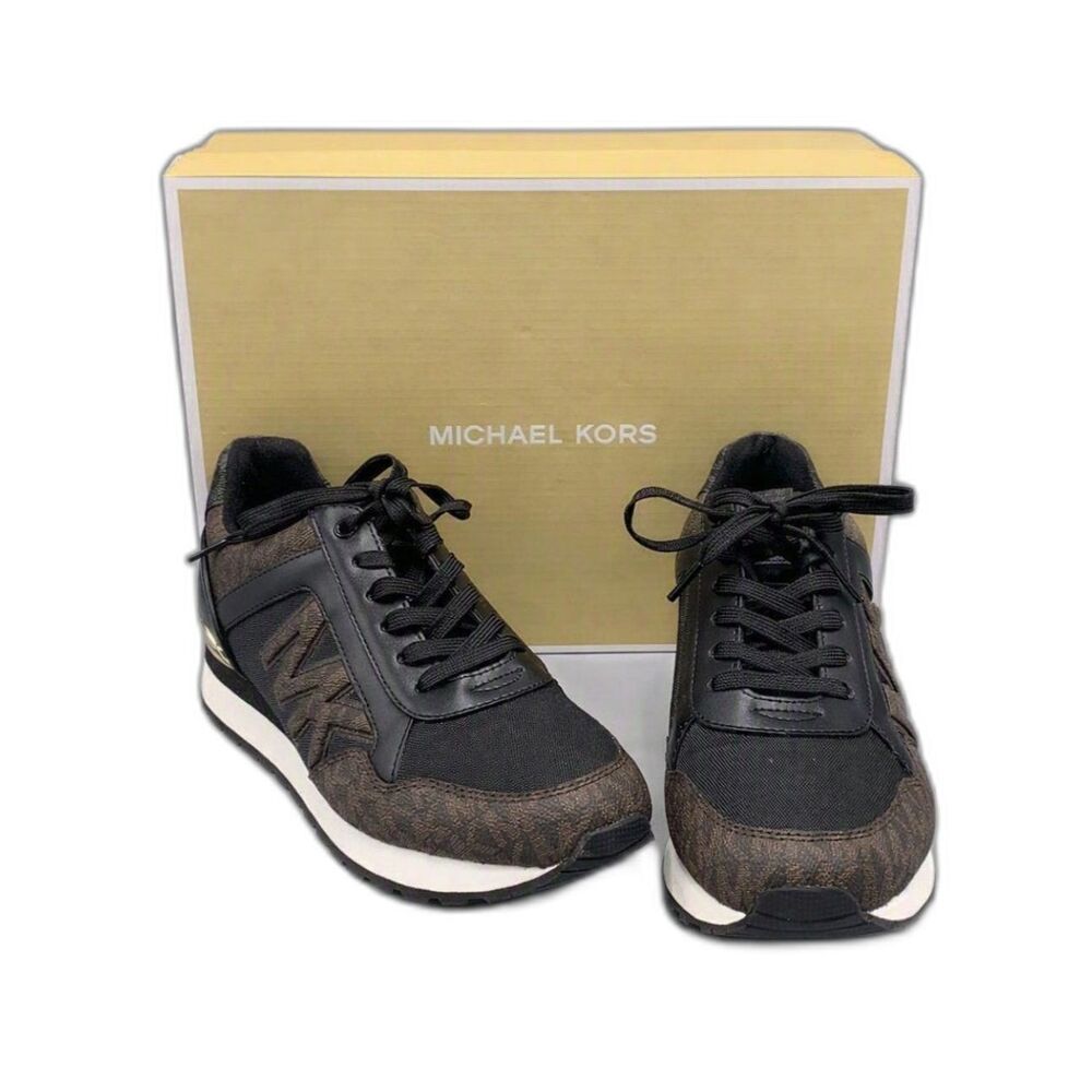 Michael Kors Maddy Logo Trainers Black Brown Monogram Canvas Sneakers Box 8.5